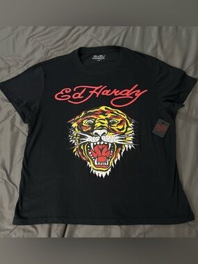 Ed Hardy men’s Tee size XL black with Red Script and Yellow Tiger Graphic NWT